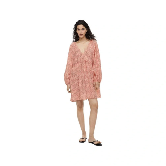 H&M A-Line Mini Dress Dark Orange Patterned and Cream Size Small - Picture 1 of 7